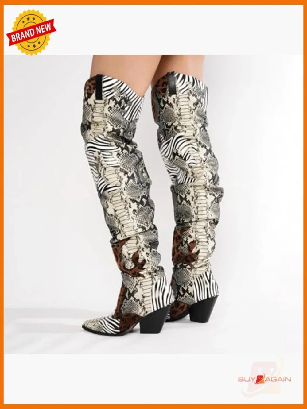 Thigh High Cowboy Boots Chunky Heel Faux Snakeskin Western Booties